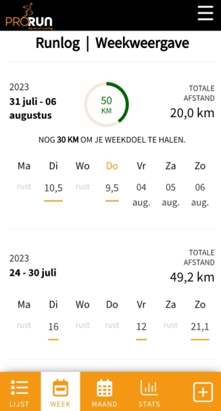 ProRun Runlog - Weekweergave